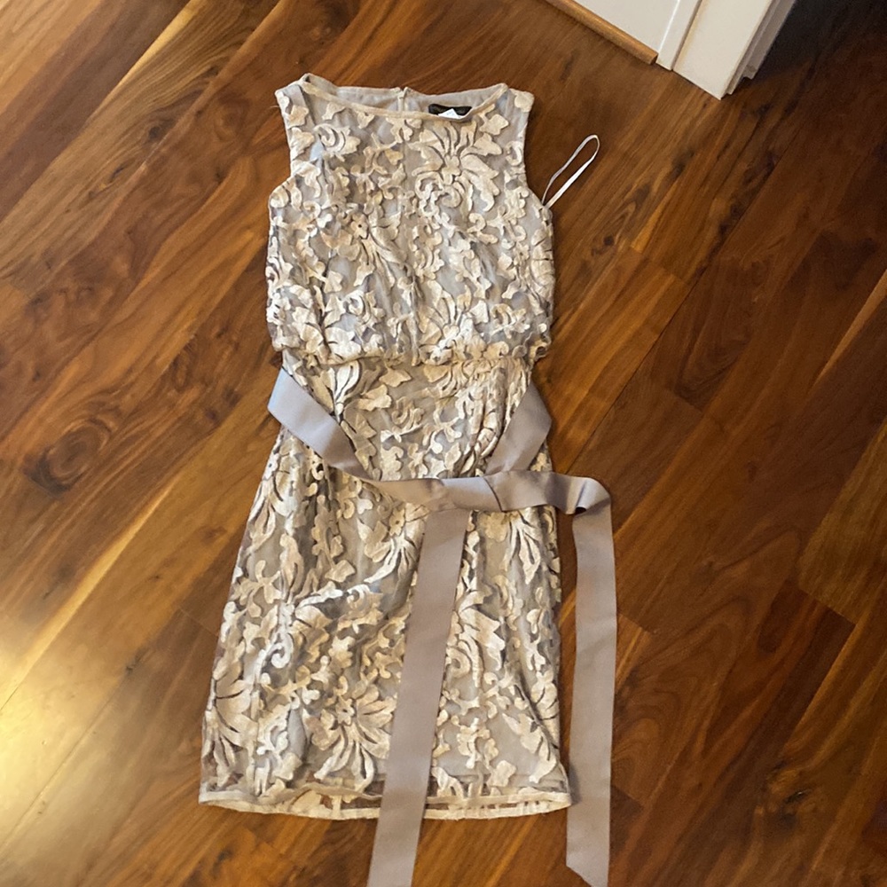 TADASHI SHOJI taupe blouson lace overlay cocktail dress.